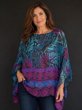 Beautiful Jeweled tones adorn this flowing 3/4 asemetrical sleeves Flowing semi